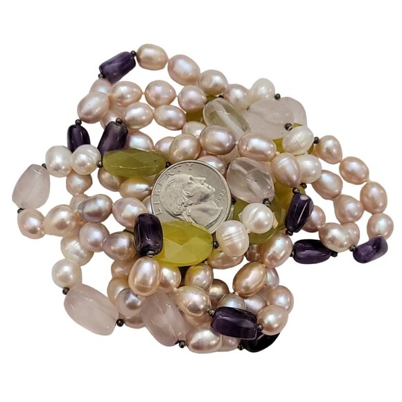 Pearl, Quartz Amethyst Knotted Strand Necklace 60" Long, K129 - Picture 5 of 9